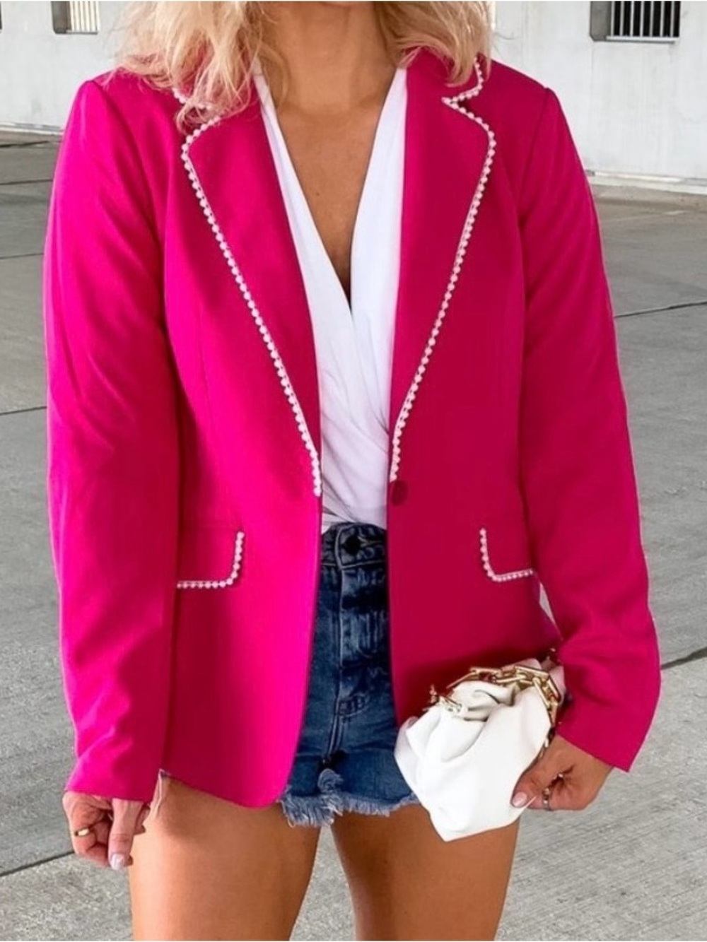 NWT Women’s Savanna Jane Hot Pink Pearl-Trim Polyester Blend Blazer Size Small